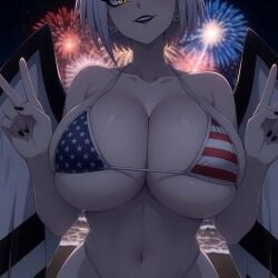 1girls ai_generated american_flag_bikini angel angel_wings beach beach_side big bikini black_halo black_lips black_lipstick black_nails bob_cut breasts double_peace_sign female fireworks halo hazbin_hotel hazbin_hotel_(season_2) hi_res high_resolution hires looking_at_viewer lute_(hazbin_hotel) night night_sky nighttime ocean peace_sign short_hair tagme underboob water white_hair white_skin wings yellow_eyes