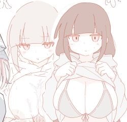 1girls black_hair blunt_bangs cleavage closed_mouth cum cum_on_breasts doodle expressionless grey_bra grey_eyes grey_hoodie hood hood_down hoodie hoodie_lift inabakumori jitome long_hair looking_at_viewer mv_character osage-chan outline pout sidelocks sketch skindentation solo straight-on sweat