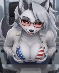1girls ai_generated american_flag_bikini american_flag_bikini_top anthro beautiful big_breasts bikini bikini_top breasts busty canid canine canis city city_background cityscape clothed clothing computer demon demon_girl desk ear_piercing ears female furry glasses grabbing grabbing_breasts grabbing_own_breast grey_body grey_fur grey_hair hellhound helluva_boss hi_res high_resolution hires huge_breasts indoors inside long_hair looking_at_viewer loona_(helluva_boss) mythological_canine mythological_creature mythology notched_ear office office_chair office_clothing office_desk office_lady open_mouth open_smile red_sclera sexy silver_eyes sitting sitting_on_chair skirt smile smiling smiling_at_viewer tagme tongue tongue_out two-tone_body two-tone_fur vivienne_medrano vivziepop white_body white_eyes white_fur window wolf wolf_ears wolf_girl