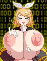 1boy 1girls bambayaaga bare_shoulders binary_code black_sailor_collar black_shorts blonde_hair blue_eyes breasts_squeezed_together hair_bow hairclip headphones hetero huge_breasts incest kagamine_len kagamine_rin male_pov nipples open_mouth outer_glow paizuri pov shirt shirt_lift shorts siblings skindentation smug vocaloid white_bow white_shirt yellow_belt
