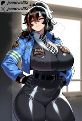 1girl ai_generated belt black_belt black_bodysuit black_gloves black_hair black_necktie black_pants black_vest blue_jacket blue_vest blurry_background blush bodysuit breast_pocket breasts character_name checkered_necktie closed_eyes closed_mouth clothing collared_shirt cowboy_shot cropped_jacket crossed_bangs curvy english_text female frown genderswap_(mtf) gloves hair_between_eyes hands_on_own_hips high-waist_pants high_ponytail huge_breasts indoors jacket jennieart02 large_breasts leather long_hair long_sleeves multicolored_hair necktie open_clothes open_jacket pants patreon patreon_logo patreon_username pocket police police_uniform policewoman ponytail red_hair shirt solo standing steaming_body streaked_hair sweat thick_thighs thighs tight_pants twitter twitter_username two-tone_hair uniform vest watermark white_shirt wide_hips