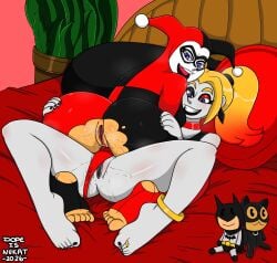 2girls batman batman_(series) bed bedroom black_fingernail_polish black_fingernails black_toenail_polish black_toenails blonde-haired_female blonde_female blonde_hair blonde_hair_female blue_eyes catwoman clown clown_girl clown_makeup dc dc_comics dc_extended_universe dopeisnukat dyed-hair dyed_hair feet feet_focus female female_soles females females_focus females_only gold_anklet gold_jewelry grey_skin harley_quinn harley_quinn_(classic) harley_quinn_(series) jester jester_girl jester_hat jester_outfit legs panties_aside plant plushie pussy pussy_juice pussy_juice_drip pussy_juice_trail ripped_bodysuit soles soles_female stirrup_legwear toes