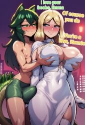ai_generated big_boobs big_breasts blonde_hair blue_eyes boobs breasts bulge bulge_through_clothing bulge_under_clothes cat_boy cat_ears catboy cocky69 comic_page dress emma_frost english_text female femboy grabbing_breasts green_eyes green_hair hi_res kennie marvel reptile_tail sexy sexy_body sexy_female shorts text