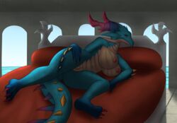 2018 anthro areola bed big_breasts breasts dragalia_lost dragon female lying mercury_(dragalia_lost) nipples nude on_bed on_side pink_areola pussy sea smile solo testowepiwko video_games water