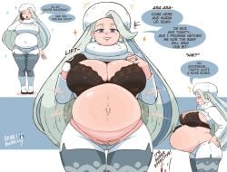 1girls arbrianarchy big_breasts black_bra dark_blue_eyes english_dialogue english_text hand_on_belly hand_on_waist lifting_shirt long_hair melon_(pokemon) melony_(pokemon) nosebleed older_female pokemon pregnant pregnant_belly tagme thick