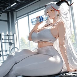 1girl aegir_(azur_lane) ai_assisted ai_generated antenna_hair azur_lane bangs bare_shoulders blush bottle breasts brown_eyes cleavage covered_nipples crossed_legs curvaceous curvy curvy_female curvy_figure drinking earrings feet_out_of_frame female hair_between_eyes jewelry large_breasts long_hair looking_at_viewer miyuai multicolored_hair prinz_eugen_(azur_lane) red_hair silver_hair sitting solo sports_bra streaked_hair sweat thick thick_ass thick_butt thick_hips thick_legs thick_thighs thighs two_side_up very_long_hair voluptuous voluptuous_female water_bottle wide_hips wide_thighs