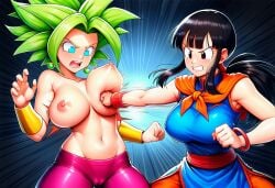 2girls ai_generated breasts_out chichi deformed_breasts dragon_ball dragon_ball_super impact_lines kefla motion_lines punching_bag punching_breasts topless_female unaligned_breasts