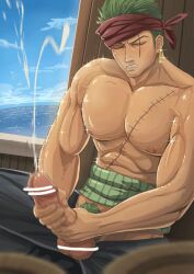 1boy balls ballsack bandana bandana_on_head bara bara_body bara_tiddies bara_tits barazoku beefy big_dick_energy big_penis bigger_male broad_shoulders collarbone cum cumming cumming_from_masturbation cumshot defined_muscles earrings ejaculation erect_penis erection excessive_cum fat_cock gay girthy_penis grabbing_penis green_hair green_pubic_hair haramaki huge_cock hunk japanese_male large_penis larger_male long_penis male male_focus male_only manly masculine_male masturbating masturbation muscles muscular muscular_male ocean one_piece pecs pecs_bigger_than_head pectorals penis pirate post-timeskip pubic_hair public public_indecency roronoa_zoro scar scar_across_eye scar_on_chest scar_on_face scars sea ship_deck solo solo_focus solo_male tall_male taller_male tough_guy trapezius waves wonart yaoi