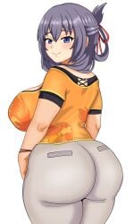 1girls ass big_ass big_butt breasts chubby chubby_female eclypse eiyuu_densetsu female huge_ass huge_butt looking_back plump purple_eyes purple_hair rixia_mao sideboob smile solo the_legend_of_heroes thick_thighs wide_hips yellow_shirt