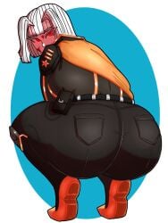back_view belt big_ass black_pants black_uniform bubble_butt buns cape fat_ass huge_ass library_of_ruina myo_(lobotomy_corporation) orange_shoes project_moon red_eyes star white_hair