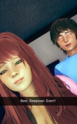 3d ai_shoujo brown_hair coral_brown_hair edit edited eyes_rolling_back green_eyes hair_down happy_female happy_girl implied_penetration nostrils open_pajamas original_character original_characters pajamas realistic realistic_nose selfie sleepover smiling smiling_female snapchat snapchat_story social_media taken_from_behind