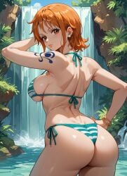 1girls ai_generated arm_tattoo ass bikini blue_tattoo breasts female female_only looking_at_viewer looking_back looking_back_at_viewer nami_(one_piece) one_piece orange-haired_female orange_hair solo solo_female tagme tattoo waterfall