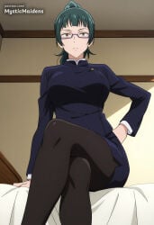 1girl ai_generated anime anime_style bed black_pantyhose breasts brown_eyes closed_mouth crossed_legs glasses green_hair hand_on_own_hip hentai hi_res high_ponytail indoors jacket jujutsu_kaisen large_breasts long_hair long_sleeves looking_at_viewer maki_zenin mystic_maidens on_bed pantyhose patreon ponytail school_uniform sitting skirt solo zenin_maki