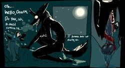 aliasing anthro anus balls bed bed_sheet bedding bedroom black_body bodily_fluids canid canid_demon canine demon dialogue digital_media_(artwork) duo english_text fangs fellatio furniture genitals greeting hair hellhound hieronymusjohnson horn lemur long_hair long_tongue male male/male mammal moon mythological_canine mythological_creature mythology nervous nervous_sweat oral penile penis perineum primate saliva saliva_on_balls saliva_on_penis saliva_string sex sloppy_blowjob steamy_breath strepsirrhine sweat tail teeth text tongue tongue_on_balls tongue_on_penis tongue_out wide_eyed window