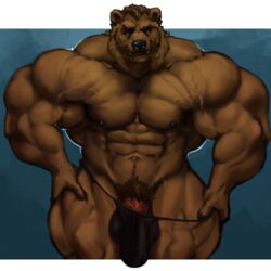 anthro bulge clothing huge_muscles humanoid_penis looking_at_viewer male male_only mammal muscular muscular_male oldshep pecs penis penis_base pubes solo standing underwear ursine veiny_muscles