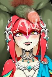 ai_generated black_lipstick cum cum_on_face cum_on_forehead fish ganondorf goofynfan15 green_cock jewelry mipha sex_slave zora