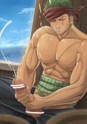 1boy balls ballsack bandana bandana_on_head bara bara_body bara_tiddies bara_tits barazoku beefy big_dick_energy big_penis bigger_male broad_shoulders collarbone cum cumming cumming_from_masturbation cumshot defined_muscles earrings ejaculation erect_penis erection fat_cock gay girthy_penis grabbing_penis green_hair green_pubic_hair haramaki huge_cock hunk japanese_male large_penis larger_male long_penis male male_focus male_only manly masculine_male masturbating masturbation muscles muscular muscular_male ocean one_piece pecs pecs_bigger_than_head pectorals penis pirate post-timeskip pubic_hair public public_indecency roronoa_zoro scar scar_across_eye scar_on_chest scar_on_face scars sea ship_deck solo solo_focus solo_male tall_male taller_male tough_guy trapezius waves wonart yaoi