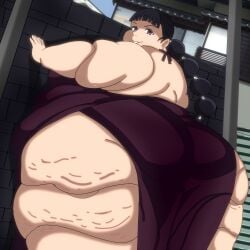 1girls bangs bbw big_ass big_belly big_butt black_hair dark_hair dark_hair_female dress fat fat_ass fatty female female_only frogkari jujutsu_kaisen morbidly_obese obese obese_female purple_dress purple_eyes remi_(jujutsu_kaisen) stretch_marks
