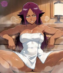 ai_generated big_breasts bleach bleach:_sennen_kessen-hen bleach:_the_thousand-year_blood_war bleach_brave_souls breasts busty busty_female cleavage dark-skinned_female dark_skin female female_focus female_only jorgecarlosai legs legs_wide_apart long_hair muscular muscular_body muscular_female open_legs pose purple_hair sexy sexy_female sexy_pose shihouin_yoruichi sitting smirk spa spread_legs steam steaming_body sweat sweatdrop sweating sweaty sweaty_body thighs towel towel_only watermark white_towel yellow_eyes yoruichi yoruichi_shihouin