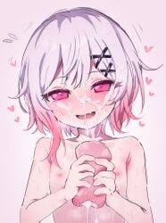 1girl after_onahole_job blush commentary_request cum cum_on_body facial flat_chest heart highres hitotomo mahou_shoujo_no_majo_saiban nipples nude onahole pink_eyes pink_hair sakuraba_ema sex_toy solo white_hair