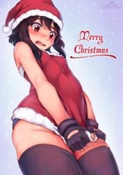 blush breasts christmas cleavage embarrassed female female_only jackrockhardt kono_subarashii_sekai_ni_shukufuku_wo! low-angle_view megumin pulling_shirt_down red_eyes santa_costume santa_hat small_breasts solo text thighhighs