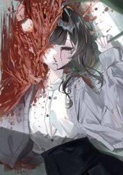 1girl absurdres black_eyes black_hair blood blood_from_eyes blood_on_clothes blood_on_face blunt_bangs book_off buttons cardigan commentary_request cowboy_shot exploded_head eyeball grey_cardigan guro hair_intakes hand_up highres kurobe_nanoka long_hair long_sleeves lying mahou_shoujo_no_majo_saiban official_alternate_costume on_back open_cardigan open_clothes parted_lips shirt solo sugararu white_shirt