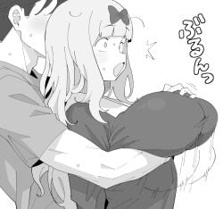 1boy 1girl afterimage arm_under_breasts bow breasts commentary_request faceless faceless_male from_side fujiwara_chika grabbing_another's_breast grabbing_from_behind greyscale groping hair_bow henyaan_(oreizm) hetero highres hug hug_from_behind kaguya-sama_wa_kokurasetai_~tensai-tachi_no_renai_zunousen~ large_breasts long_hair long_sleeves monochrome no_bra open_mouth raised_eyebrows short_sleeves surprised sweat