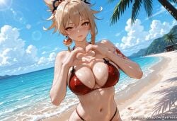 1girl ai_generated bangs bare_shoulders beach bikini blonde_hair blue_sky blush breasts cleavage cloud day genshin_impact hair_ornament heart heart_hands kermixx large_breasts looking_at_viewer makeup navel ocean orange_eyes outdoors parted_lips ponytail red_bikini sand sky solo swimsuit tattoo tree upper_body wet yoimiya_(genshin_impact)