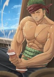 1boy balls ballsack bandana bandana_on_head bara bara_body bara_tiddies bara_tits barazoku beefy big_dick_energy big_penis bigger_male broad_shoulders collarbone cum cum_on_body cum_on_pectorals cum_on_self cumming cumming_from_masturbation cumshot defined_muscles earrings ejaculation erect_penis erection excessive_cum fat_cock gay girthy_penis grabbing_penis green_hair green_pubic_hair haramaki huge_cock hunk japanese_male large_penis larger_male long_penis male male_focus male_only manly masculine_male masturbating masturbation muscles muscular muscular_male ocean one_piece pecs pecs_bigger_than_head pectorals penis pirate post-timeskip pubic_hair public public_indecency roronoa_zoro scar scar_across_eye scar_on_chest scar_on_face scars sea ship_deck solo solo_focus solo_male tall_male taller_male tough_guy trapezius waves wonart yaoi