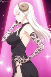 1girl 2.5_jigen_no_ririsa ai_generated bare_shoulders black_dress black_panties blush breasts cowboy_shot curled_horns demon_girl demon_horns digitalwaifugallery dress elbow_gloves floral_print from_side gloves hand_on_own_hip hanyuu_mayuri hi_res high_quality high_resolution horns large_breasts long_hair looking_at_viewer o-ring o-ring_bottom panties patreon pointy_ears red_eyes seductive sexy sideboob sleeveless sleeveless_dress smile solo sparkle standing uncensored underwear watermark white_hair