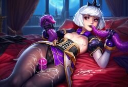 ai_generated black_lipstick black_panties black_pantyhose crown cum_on_breasts cum_on_thighs handjob heroes_of_the_storm lace_panties motion_lines nipples orphea purple_dress purple_tentacles red_eyes small_breasts tentacle tentacles young_female