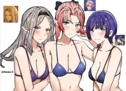 3girls big_breasts bikini black_bow blue_bikini blue_eyes blush bow bra breasts character_request game_screenshot grey_hair hair_ornament hairband large_breasts long_hair looking_at_viewer meidza_d multiple_girls nintendo no_nude pink_hair pointy_ears protagonist_(xenoblade_genesis) purple_bikini purple_eyes purple_hair screenshot_inset short_hair sketch split_mouth swimsuit twitter_username unnamed_character unnamed_characters white_background xenoblade_(series) xenoblade_genesis yellow_eyes