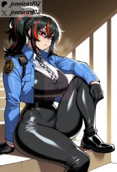 1girl ai_generated artist_name black_footwear black_gloves black_hair black_pants black_vest blue_jacket breasts checkered_necktie clothing collared_shirt cropped_jacket curvy female footwear gloves hair_between_eyes high-waist_pants huge_breasts jacket jennieart02 knee_up large_breasts long_hair long_sleeves looking_at_viewer multicolored_hair necktie open_clothes open_jacket pants patreon patreon_logo patreon_username police police_badge police_hat police_uniform policewoman ponytail red_eyes red_hair shirt shoes sitting solo stairs streaked_hair sweat thighs twitter twitter_username two-tone_hair uniform vest walkie-talkie watermark white_shirt