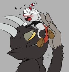 animate_inanimate barely_visible_genitalia barely_visible_penis blush bottomless claws clothed clothing cuphead cuphead_(game) demon duo footwear forked_tongue fur gay gloves grey_background grey_fur grey_skin horn larger_male licking macro male micro micro_on_macro object_head open_mouth penis shoes simple_background size_difference smaller_male the_devil_(cuphead) tongue tongue_out toxic-boner video_games yaoi yellow_eyes