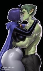 1boy 1boy1girl 1girls ai_generated ass beast_boy big_ass big_breasts black_background breasts busty canon_couple closed_eyes clothed clothed_female clothing couple curvy dc dc_comics fat_ass female garfield_logan heart hearts_around_head hourglass_figure hug kiss kissing male mature_female rachel_roth raven_(dc) self_upload sleen straight teen_titans thick_ass thick_thighs voluptuous voluptuous_female wide_hips