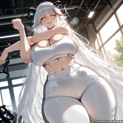 1girl aegir_(azur_lane) ai_assisted ai_generated antenna_hair azur_lane bangs bare_shoulders blush breasts brown_eyes cleavage curvaceous curvy curvy_female curvy_figure eyebrows_visible_through_hair female hair_between_eyes huge_breasts indoors lips long_hair looking_at_viewer miyuai multicolored_hair navel red_hair silver_hair smile solo streaked_hair sweat thick thick_ass thick_butt thick_hips thick_legs thick_thighs thighs very_long_hair voluptuous voluptuous_female wide_hips wide_thighs window