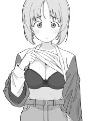 1girl bra breasts cleavage clothes_lift commentary_request girls_und_panzer greyscale henyaan_(oreizm) highres large_breasts medium_hair monochrome nishizumi_miho pants shirt_lift simple_background solo sweat underwear white_background