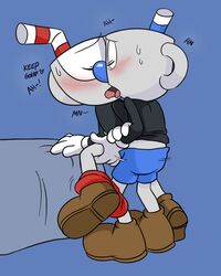 animate_inanimate blue_background blush brother brothers closed_eyes clothed clothed_sex clothing cuphead cuphead_(game) dialogue duo english_text footwear french_kissing from_behind_position humanoid humanoid_on_humanoid incest kissing leg_grab male mugman object_head partially_clothed saliva saliva_string sex shoes shorts shorts_down sibling simple_background sweat sweatdrop text tongue tongue_out toxic-boner video_games yaoi