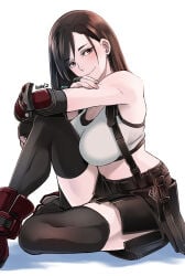 1girl arm_on_knee belt big_breasts black_belt black_gloves black_hair black_skirt black_thighhighs blush boots breasts butcha-u commentary commentary_request crop_top earrings elbow_pads final_fantasy final_fantasy_vii final_fantasy_vii_remake fingerless_gloves floating_earrings gloves highres jewelry knee_up large_breasts long_hair looking_at_viewer miniskirt pencil_skirt red_boots red_eyes revision shirt simple_background sitting skirt smile solo square_enix suspender_skirt suspenders suspenders_gap swept_bangs tank_top taut_clothes taut_shirt thighhighs tifa_lockhart white_background white_tank_top zettai_ryouiki