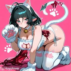 1girls adult_female ai_generated big_ass big_breasts cat_ears cat_tail catgirl female female_focus female_only hips huge_hips huge_thighs jane_doe_(zenless_zone_zero) pink_background simple_background thighs zenless_zone_zero