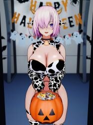 1girl 1girls 3d 6thchariot big_breasts breast_focus breasts candy costume cow_print cowbell fate/grand_order fate_(series) halloween happy horns large_breasts light-skinned_female light_skin mash_kyrielight massive_breasts pink_hair purple_eyes shielder_(fate) shielder_(fate/grand_order) solo tagme trick_or_treat