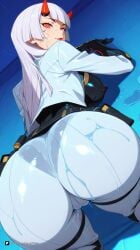 1girl ai_generated artist_name ass ass_focus bangs belt black_gloves blizzard_entertainment blunt_bangs bodysuit breasts cameltoe covered_nipples from_behind gloves horns large_breasts long_hair looking_at_viewer looking_back overwatch overwatch_2 overwatch_archives overwatch_league patreon pointy_ears questionable red_eyes red_horns see-through shiny shiny_clothes shion skin_tight smile solo sweat wet white_hair