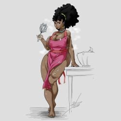 1girls apron apron_only barefoot big_breasts dark-skinned_female earrings feet female huge_breasts original_character painted_toenails pearl_necklace