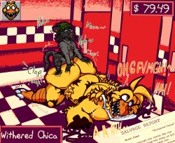 animatronic anthro avian beak big_breasts big_butt bird breasts butt chica_(fnaf) chicken clothed clothing dannycris121 detailed_background digital_media_(artwork) duo felid feline female female_penetrated five_nights_at_freddy's five_nights_at_freddy's_2 five_nights_at_frickbear's_(series) five_nights_at_frickbear's_3 five_nights_at_frickbears five_nights_at_frickbears_3 fur galliform hair hi_res larger_female machine male male/female male_penetrating male_penetrating_female mammal penetration phasianid robot scottgames sex size_difference small_dom_big_top tail teeth text thick_thighs toothed_beak withered_chica_(fnaf)