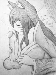 ahri ahri_a_walla balls big_breasts big_penis black_and_white closed_eyes clothed drooling fox_ears fox_tail league_of_legends licking long_hair penis sketch straight traditional_media_(artwork) veiny_penis