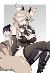 1girls animal_ears big_breasts blonde_hair blue_eyes boots cleavage commission demon_wings ear_tuft female female_only fingerless_gloves fishnet_stockings furry_tail goth hair_over_one_eye hi_res horns j5daigada long_hair looking_at_viewer sitting smiling smiling_at_viewer solo spiked_bracelet stockings tail wings