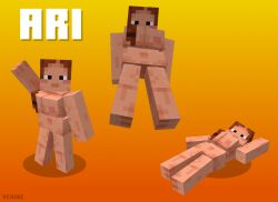 1girls 3d 3d_(artwork) ari_(minecraft) belly_button black_pupils blockbench blocky_anatomy blocky_body blush boob_window braid brown_hair cubic_breasts female_only from_below hair_over_breasts large_breasts looking_at_viewer lying_on_back microsoft minecraft mojang naked nipples nude waving