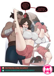1boy 1girl 1girls assisted_stretching avatar_the_last_airbender big_breasts breasts bulge cameltoe dialogue erection erection_under_clothes flexible nipple_bulge nipples nipples_visible_through_clothing pussy_outline schpicy sokka stretching tagme ty_lee