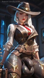 1futa 2026 ai_generated ashe_(overwatch) balls belt breasts bulge bulge_through_clothing cock dyzertai futanari hat indoors long_sleeves looking_at_viewer medium_breasts mole mole_under_eye night overwatch penis red_eyes red_lipstick self_upload solo testicles white_hair