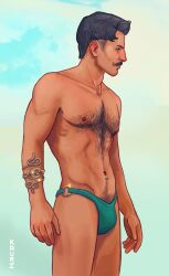 1boy artist_name balls ballsack bara body_hair dark-skinned_male dark_hair dark_skin dilf dorian_pavus dragon_age dragon_age_inquisition facial_hair foreskin gay_male hairy_chest human kauriart mage male male_nipples male_only male_pubic_hair masculine masculine_male mature_male muscular muscular_male mustache nipples nude nude_male pubic_hair scrotum snake_ornament solo testicles underwear underwear_only yaoi
